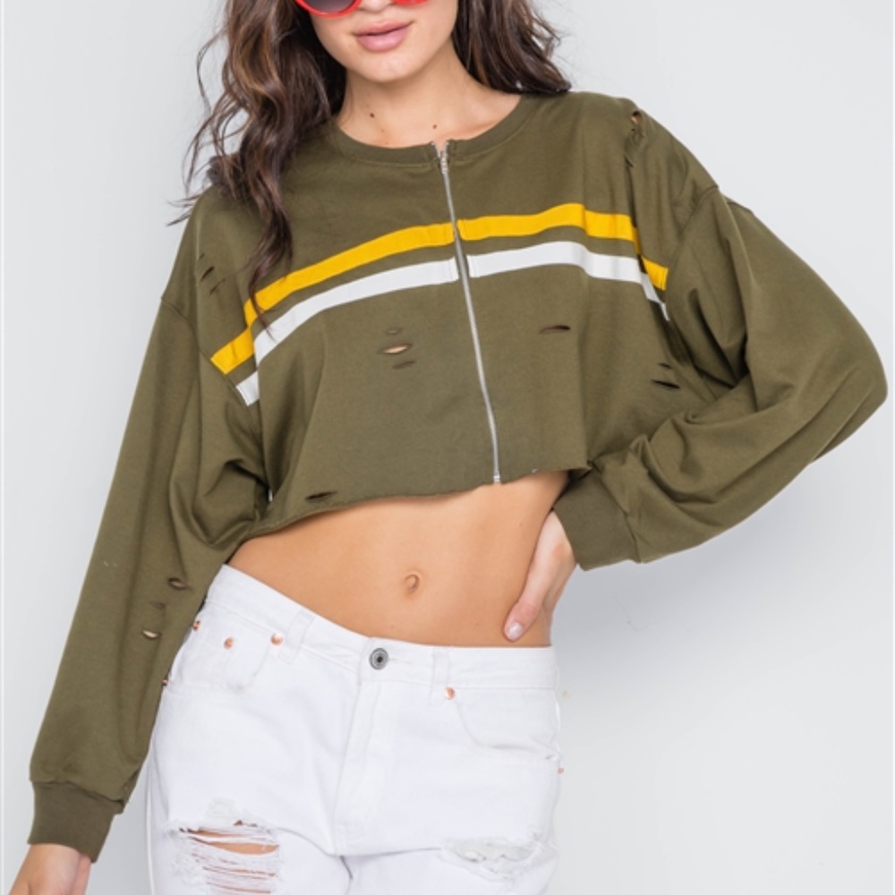 Olive Distressed Zip Crop Sweater